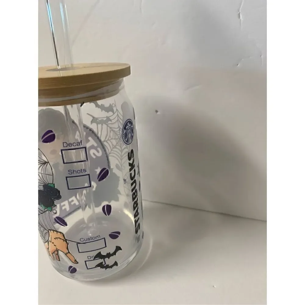 Handmade Beer can shaped glass cup with Bamboo lid, straw topper, Wednesday